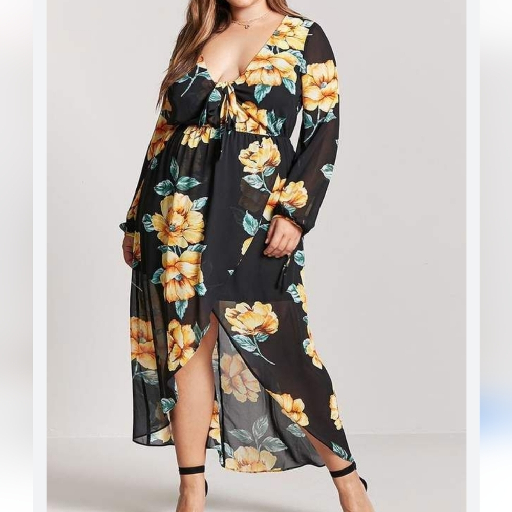 Forever 21 Chiffon Sheer Maxi Dress Sz 1x Floral Sz Black Yellow Tulip Hem